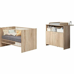 Chambre bébé duo NIKO - Lit 70x140 cm + Commode a langer 2 portes - Décor chene naturel - TRENDTEAM