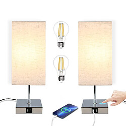 NETTLIFE lot de 2 lampes de chevet Touch : lampe de table moderne à intensité variable avec ports USB, lampe de chevet de chambre à coucher avec fonction de chargement, lampe de lit avec abat-jour en tissu, lampe de table E27