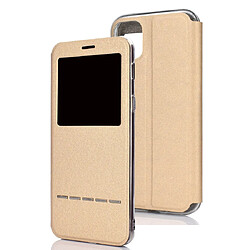 Wewoo Coque Pour iPhone 11 Texture mate Support horizontal téléphone mobile Étui portable Fenêtre avec identification de l'appelant et bouton en métal Faites coulisser déverrouiller Or