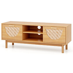 Helloshop26 Meuble tv jusqu'à 55 table console multimédia moderne etagères ouvertes tiroirs tissés en bambou centre de divertissement blanc et naturel 20_0008886