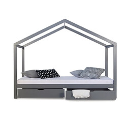 Homestyle4U Lit cabane enfant 90x200 avec tiroirs bois Gris