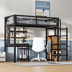 ComfortXL Lit Mezzanine 90x200cm En Fer Avec Armoire, Bureau Et Échelle De Sécurité, Noir