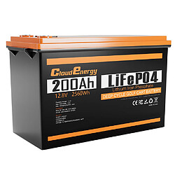 Cloudenergy Batterie LiFePO4 12 V 200 Ah Alimentation de secours, 2560 Wh d'énergie, 6000+ cycles, BMS 100 A intégré