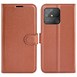 Etui en PU texture litchi, magnétique avec support, marron pour votre Realme Narzo 50A