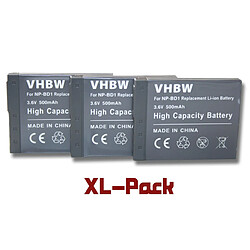 vhbw set de 3 batteries 500mAh pour appareil photo Sony Cybershot DSC-T2, DSC-T70, DSC-T77, DSC-T90, DSC-T200 remplace NP-BD1, NP-FD1