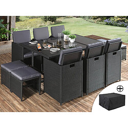 Bestmobilier Fira - Salon de jardin encastrable 10 places - en résine tressée - Noir avec coussins gris + housse de protection