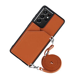 Coque en TPU + PU Peau caoutchoutée avec support et porte-cartes marron pour votre Samsung Galaxy S21 Ultra 5G