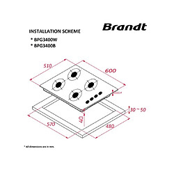 Avis Table de cuisson gaz 60cm 4 feux blanc - BPG3400W - BRANDT