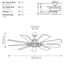 Elstead Lighting Ventilateur de plafond 165 cm, 9 pales, lumière LED variable 3000 K, zinc patiné, télécommande.