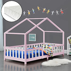 Lit d'enfant Treviolo Forme Maison avec Matelas à Mousse à Froid 200 x 90 cm Rose Blanc [en.casa]