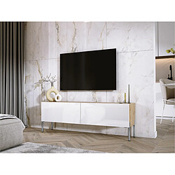 3XELIVING Meuble TV en couleur Chêne wotan / Blanc Brillant avec pieds droits en chrome, D: l : 140 cm, H : 52 cm, P : 32 cm