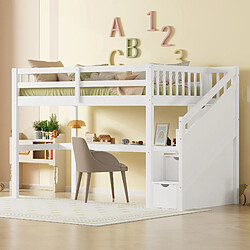 ComfortXL Lit mezzanine enfant 90 x 200 avec tiroirs de rangement et bureau sous le lit, blanc