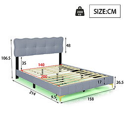 Avis KOMHTOM Lit double rembourré gris 140 x 200 cm, tissu velours avec éclairage LED, cadre à lattes et pieds en métal (matelas non inclus)