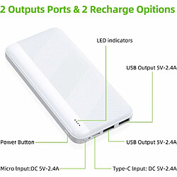 YOBON Batterie Externe, Power Bank 10000mAh avec 2 Ports Sorties, Compatible avec iPhone 14 13 12 11 X Samsung Xiaomi Huawei iPad etc