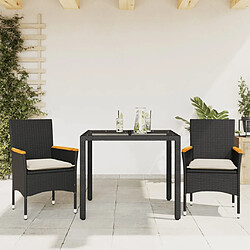 vidaXL Ensemble à manger de jardin et coussins 3 pcs noir rotin verre