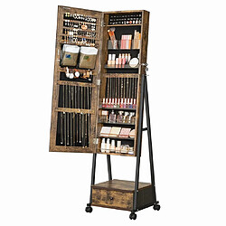 Helloshop26 Armoire à bijoux avec miroir psyché organisateur de bijoux sur pieds verouillable avec tiroir étagère roulettes idée cadeau 152,5 cm marron rustique et noir 12_0002308