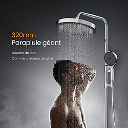 EMKE Système de douche thermostatique avec ensemble complet - colonne thermostatique à 38°C, pommeau à trois jets, douche de tête surdimensionnée avec mitigeur et douchette basse, avec rangement de 40 cm, design en verre facile à nettoyer, chromée