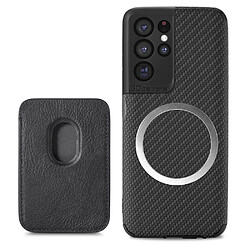 Coque en TPU + PU texture en fibre de carbone avec porte-carte noir pour votre Samsung Galaxy S21 Ultra 5G