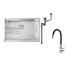 Auralum max Évier Cuisine 1 Bac 60*44*20CM,inox,à Encastrer/sous-plan avec Panier Drainage,Nano Silver+Robinet Cuisine Flexible Bec Haut Orientable