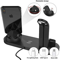 Chrono Station de charge sans fil 4 en 1, station de charge rotative à 360 ° pour téléphones Apple/Micro/type C, support de charge rapide sans fil Qi pour série iWatch, Airpods, iPhone, Samsung Galaxy,(blanc)