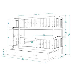 Acheter Kids Literie Lit Superposé 3 Places Teo 90x190 Pin Livré avec sommiers, tiroir et matelas en mousse de 7cm