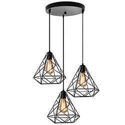 Stoex Suspension Industrielle forme Diamant Cage 25cm Style Vintage Géométrie Lustre Abat jours Métal Fer 3 Edison E27 Luminaire Noir