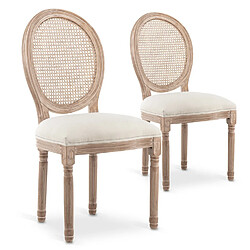 NC Lot de 2 chaises médaillon Louis XVI Cannage Rotin tissu Beige