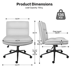 Chaise de Bureau sans Accoudoirs, Chaise coiffeuse chambre, Rattantree Chaise de bureau à pied croisé, Chaise de bureau pivotante avec roulettes, Gris