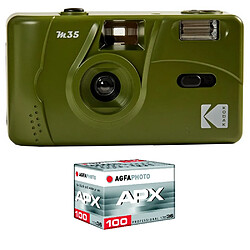 KODAK Pack M35 Argentique + Pellicule APX 100, 36 poses - Appareil Photo Kodak Rechargeable 35mm Kaki, Objectif Grand Angle Fixe - Olive Green