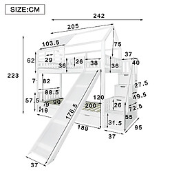 Avis KOMHTOM Lit superposé avec escalier et toboggan, escalier avec rangement, cadre en pin et MDF, lit enfant avec fenêtre et toit, blanc, 90x200cm * 2