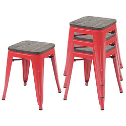 Decoshop26 Set de 4 tabourets bas assise en bois cadre en métal rouge design industriel empilable 04_0005232