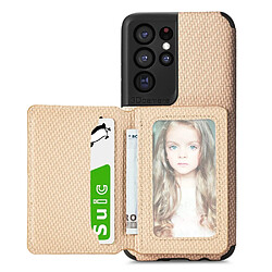 Coque en TPU + PU texture en fibre de carbone avec béquille et porte-carte kaki pour votre Samsung Galaxy S20 Ultra