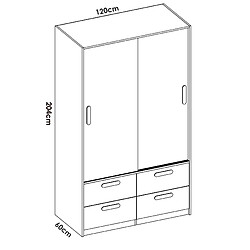 Pegane Armoire, meuble de rangement en bois mélaminé avec 2 portes coulissantes et 4 tiroirs coloris chêne naturel, blanc - Longueur 120 x Profondeur 60 x Hauteur 204 cm