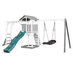 AXI Beach Tower Aire de Jeux avec Toboggan en VERT, Cadre d'escalade, Balançoire Nid d'oiseau Noir & Bac à Sable | Grande Maison Enfant extérieur en Gris & BLANC | Cabane de Jeu en Bois FSC