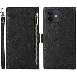 Etui en PU texture litchi avec support, pochette à fermeture éclair et sangle pour votre iPhone 11 6.1 pouces - noir