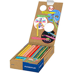 Staedtler Noris Junior Pack de 6 Crayons de Couleur Extra Epais + Taille-Crayon - 3 en 1, Crayon, Craie et Aquarelle - Couleurs Assorties