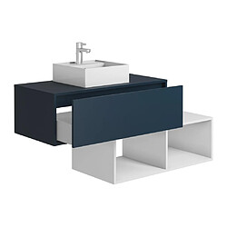 Avis Vente-Unique Meuble de salle de bain suspendu avec vasque carrée - 1 tiroir bleu et 2 niches blanches - 94 cm - TEANA II