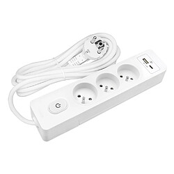 Null Multiprise SELDUR G3FU52B, 3 prises type E + interrupteur, USB A+C charge standard 12W, Blanc, câble 5m