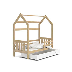 Kids Literie Lit Cabane 2 80x160 Pin - blanc Livré avec sommiers, tiroir et matelas en mousse de 7cm