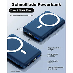 SANAG Batterie Externe Magsafe, Power Bank 10000Mah, Magnétique Sans Fil Charge Rapide Pd 22.5 W Avec Écran Led Usb-C Magsafe Batterie Pour Iphone 15/14/13/12/Pro/Pro (Bleu)