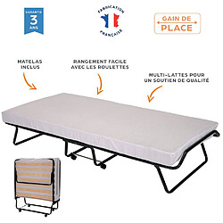 Sedac Lit pliant M10 - 90x190 - Tissu déco - 17 lattes bois - Gain de place