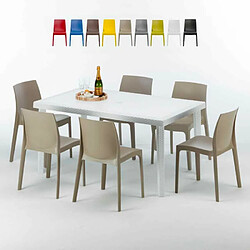 Table Rectangulaire Blanche 150x90cm Avec 6 Chaises Colorées Grand Soleil Set Extérieur Bar Café Rome Summerlife, Couleur: Beige