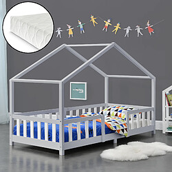 Lit d'enfant Treviolo Forme Maison avec Matelas à Mousse à Froid 200 x 90 cm Gris Clair Blanc [en.casa]