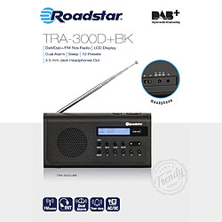 Radio Numérique Portable DAB/DAB+/FM, Alimentée par le Secteur / la Batterie, , Noir, Roadstar, TRA-300D+BK