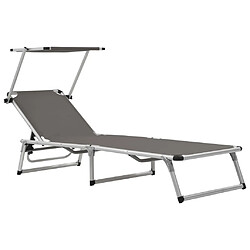 Helloshop26 Transat chaise longue bain de soleil lit de jardin terrasse meuble d'extérieur pliable avec auvent aluminium et textilène gris 02_0012817