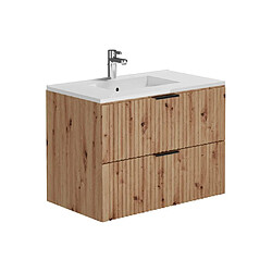 Avis Vente-Unique Meuble de salle de bain suspendu strié avec vasque à encastrer et colonne - Coloris naturel clair - 80 cm - ZEVARA