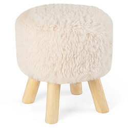 Helloshop26 Repose-pieds tabouret pouf rond ottoman rembourré en fausse fourrure siège rembourré pieds en bois d'hévéa tabouret multifonctionnel blanc et naturel 20_0009172 