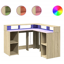 Helloshop26 Bureau table poste de travail meuble d'ordinateur informatique étude avec lumières LED chêne sonoma bois d'ingénierie brun 02_0023424