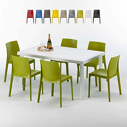 Table Rectangulaire Blanche 150x90cm Avec 6 Chaises Colorées Grand Soleil Set Extérieur Bar Café Rome Summerlife, Couleur: Anis vert