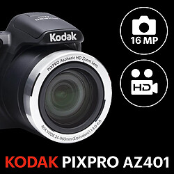 KODAK Pixpro AZ401 - Appareil Photo Bridge Numérique 16 Mpixels, Enregistrement vidéo, Grand angle 24 mm, Ecran LCD 7,6 cm, Panorama 180° - Noir - Noir